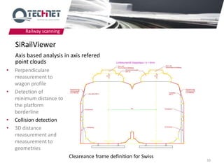 Railway scanning

    SiRailViewer
    Axis based analysis in axis refered
    point clouds
•   Perpendiculare
    measurement to
    wagon profile
•   Detection of
    minimum distance to
    the platform
    borderline
•   Collision detection
•   3D distance
    measurement and
    measurement to
    geometries
                           Cleareance frame definition for Swiss
                                                                   33
 