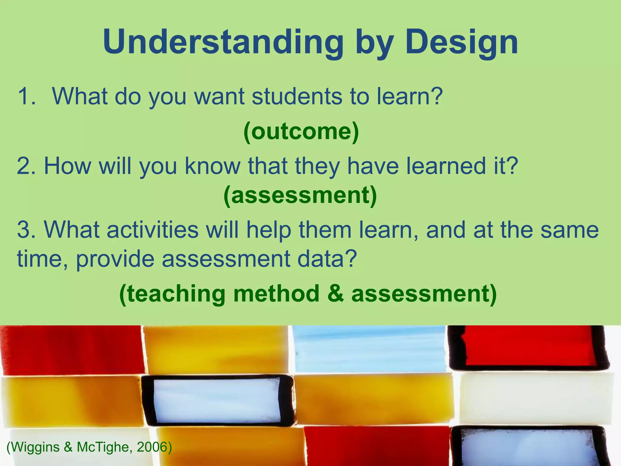 Understanding by Design
1. What do you want students to learn?
(outcome)
2. How will you know that they have learned it?
(assessment)
3. What activities will help them learn, and at the same
time, provide assessment data?
(teaching method & assessment)
(Wiggins & McTighe, 2006)
 