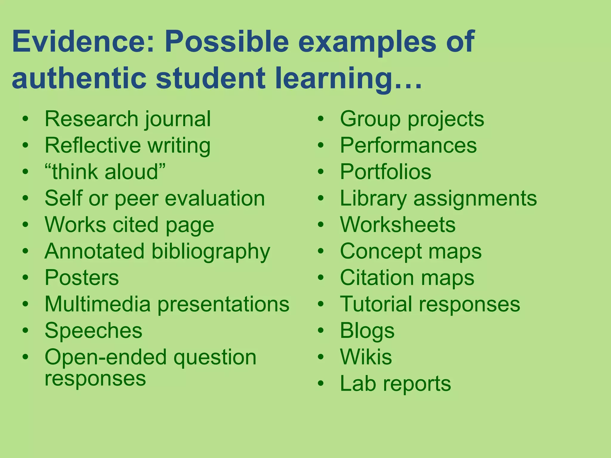 Evidence: Possible examples of
authentic student learning…
• Research journal
• Reflective writing
• “think aloud”
• Self or peer evaluation
• Works cited page
• Annotated bibliography
• Posters
• Multimedia presentations
• Speeches
• Open-ended question
responses
• Group projects
• Performances
• Portfolios
• Library assignments
• Worksheets
• Concept maps
• Citation maps
• Tutorial responses
• Blogs
• Wikis
• Lab reports
 