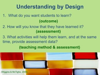 Understanding by Design
1. What do you want students to learn?
(outcome)
2. How will you know that they have learned it?
(...