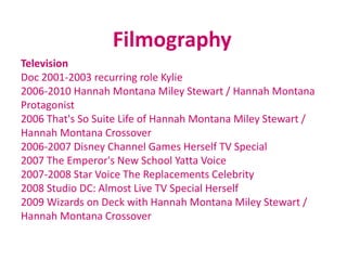 FilmographyTelevisionDoc 2001-2003 recurring role Kylie2006-2010 Hannah Montana Miley Stewart / Hannah Montana Protagonist2006 That's So Suite Life of Hannah Montana Miley Stewart / Hannah Montana Crossover2006-2007 Disney Channel Games Herself TV Special2007 The Emperor's New School Yatta Voice2007-2008 Star Voice The Replacements Celebrity2008 Studio DC: Almost Live TV Special Herself2009 Wizards on Deck with Hannah Montana Miley Stewart / Hannah Montana Crossover