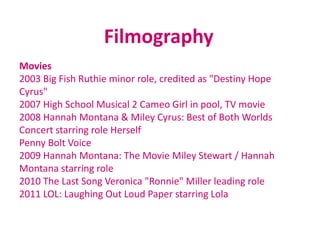 FilmographyMovies2003 Big Fish Ruthie minor role, credited as "Destiny Hope Cyrus"2007 High School Musical 2 Cameo Girl in pool, TV movie2008 Hannah Montana & Miley Cyrus: Best of Both Worlds Concert starring role HerselfPenny Bolt Voice2009 Hannah Montana: The Movie Miley Stewart / Hannah Montana starring role2010 The Last Song Veronica "Ronnie" Miller leading role2011 LOL: Laughing Out Loud Paper starring Lola