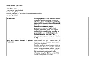INTENTIONS Changing Mileyʼs “Star Persona” before
she was Hannah Montana, innocent,
clean cut, child friendly, funny and witty.
Designed to appeal to young teenagers
(12-14)
Her new Star Persona, risque,
promiscuos, raunchy, objectiﬁed,
expilicit, conﬁdent, older and edgier.
Designed to grow with her fans and to
promote the new single, to promote
Miley as an artist and to act as a
revenue stream, most watched video in
a day.
WHY WOULD THIS APPEAL TO TARGET
AUDIENCE
Actor: Miley Cyrus fans - The fact that is so
different from how she used to be, itʼs all
“new” and “matured”
Emotion and love - experiencess similiar to
demographic. Fans will enjoy the conﬁdent,
strong female image that Miley is trying to
get across. The new audience might like
her because she is edgier like Gaga,
sheddong away her “Disney persona” Itʼs
wierd, it gets people to watch it.
MUSIC VIDEO ANALYSIS
Artist: Miley Cyrus
Track Name: Wrecking Ball
Director: Terry Richardson
Format: 3 Minutes 42 Seconds - Studio Based Performance
Genre: Pop/Ballad
 