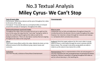 Form of music video
Performance- Miley Cyrus dances and lip syncs throughout her video
to the lyrics of her song
Conceptual- it may also be seen as a conceptual video as its based
around the concept of ‘having fun’ throughout the video.
Cinematography
Relationship between sound and images
Throughout the video, there are props that act out or spell out the
lyrics to the song. She sings that she “cant stop” having fun which is
what she is performing throughout the video as well as the
background dancers. There are also dance routines that are ongoing
throughout the video to the song itself.
Mise en scene
Using props such as folls and teddy bears throughout shows the
immaturity and fun the director tries to create throughout the video.
However, her maturity is shown through her costume and makeup
i.e. red lipstick which connotes love and lust.
Effects
There arent many effects within this video. Mainly the shots cut into
different scenes to film the different props, dance moves and
costumes.
AudienceI think the target audience for this music video is young
adults as there is mild nudity through the actors costume and the
dance moves. The concept is also what young adults are able to
relate to as the nature is too mature for a child.
Institutions
2013 RCA Records, a division of Sony Music Entertainment
Representations This is a representation of the rnb and pop genre. It
may also represent the new young generation of partying and always
having fun. Women's sexuality is on-going throughout the video as
well as cultural dancing i.e. the twerking etc.
No.3 Textual Analysis
Miley Cyrus- We Can’t Stop
 