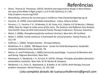Referências 
•Oliver, Thomas & Thompson. (2013). Resilient and regenerative design in New Orleans: the case of the Make It Right project »,S.A.P.I.EN.S [Online], 6.1 URL : http://sapiens.revues.org/1610 
•Boing Boing, colectivo de recursos para a resiliência: http://www.boingboing.org.uk 
•Cyrulnik , B. (1999). Uma infelicidade maravilhosa. Lisboa: Editora Ambar. 
•Ferreira, L. C., Ferreira, F. G., & Mendes, G. M. Costa, A.D., Cabrita, A.P. & Narciso, I (Março, 2009). How do I begin to make sense of this mess: The Systemic and Reflexive Case Analysis Tool (SrCAT). Actas da XVIII International Family Therapy Conference, Portoroz, Eslovénia. 
•Walsh, F. (2006). Strengthening family resilience (2nd ed.). New York, NY: Guilford. 
•Walsh, F. (2003). Family resilience: A framework for clinical practice. Family Process, 42 (1),1-18 
•Hoffman, L. (2003). Terapia Familiar. Climepsi Editores. 
•McWilliam, R. A. (2003). RBI Report Form. Center for Child Development, Vanderbilt University Medical Center, Nashville, TN. 
•Nelson, G. and Prilleltensky, I. (2005) Community psychology : in pursuit of liberation and well-being. Palgrave Macmillan, New York 
•Watzlawick, P., Weakland, J. H., & Fisch, R. (1974). Change: Principles of problem formation and problem resolution. New York: W. W. Norton & Company. 
•Weakland, J. H., Fisch, R., Watzlawick, P., & Bodin, A. M. (1974). Brief therapy: Focused problem resolution. Family Process, 13, 141-168. 
Lista completa através de luanacunhaferreira@gmail.com  