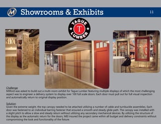 11Showrooms & Exhibits
Challenge
Milford was asked to build out a multi-room exhibit for Tague Lumber featuring multiple displays of which the most challenging
aspect was to engineer a delivery system to display over 100 full scale doors. Each door must pull out for full visual inspection
and automatically return to original display position.
Solution
Given the extreme weight, the top canopy needed to be attached utilizing a number of cable and turnbuckle assemblies. Each
door was fastened to an individual barring fastener that ensured a smooth and steady glide path. The canopy was installed with
a slight pitch to allow a slow and steady return without utilizing any secondary mechanical devices. By utilizing the structure of
the display as the automatic return for the doors, MEI insured the project came within all budget and delivery constraints without
compromising the look and functionality of the fixture.
 