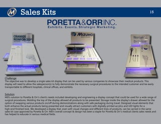 15Sales Kits
Challenge
The objective was to develop a single sales kit display that can be used by various companies to showcase their medical products. This
display will need to allow the salesperson(s) to fully demonstrate the necessary surgical procedures to the intended customer and be easily
transportable to different hospitals, clinical offices, and exhibits.
Solution
MEI’s solution to Poretta & Orr’s client’s needs included developing and engineering a display concept that could be used for a wide range of
surgical procedures. Molding the top of the display allowed all products to be presented. Storage inside the display’s drawer allowed for the
option of swapping various products on/off during demonstrations along with safe packaging during travel. Designed visual elements that
both enhance the actual products being presented and visually attract customers with digitally printed acrylics and LED lights for a
high-end finished look. We developed a display that, even with visual changes and different lines of products, can be carried in the same
sales kit case approved by Poretta & Orr. MEI’s overall concept & design has been a staple for Poretta & Orr’s medical clients sales needs and
has helped to educate in various medical fields.
 