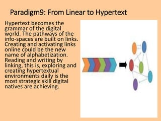 Paradigm9: From Linear to Hypertext
Hypertext becomes the
grammar of the digital
world. The pathways of the
info-spaces are built on links.
Creating and activating links
online could be the new
name of alphabetization.
Reading and writing by
linking, this is, exploring and
creating hypertextual
environments daily is the
most strategic skill digital
natives are achieving.
 