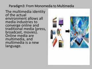 Paradigm3: From Monomedia to Multimedia
The multimedia identity
of the actual
environment allows all
media industries to
converge online and
traditional media (press,
broadcast, movies).
Online media are
multimedia, and
multimedia is a new
language.
 