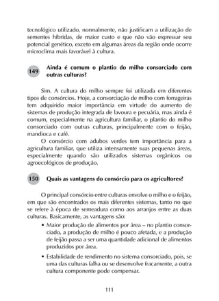 111
tecnológico utilizado, normalmente, não justificam a utilização de
sementes híbridas, de maior custo e que não vão expressar seu
potencial genético, exceto em algumas áreas da região onde ocorre
microclima mais favorável à cultura.
Ainda é comum o plantio do milho consorciado com
outras culturas?
Sim. A cultura do milho sempre foi utilizada em diferentes
tipos de consórcios. Hoje, a consorciação de milho com forrageiras
tem adquirido maior importância em virtude do aumento de
sistemas de produção integrada de lavoura e pecuária, mas ainda é
comum, especialmente na agricultura familiar, o plantio do milho
consorciado com outras culturas, principalmente com o feijão,
mandioca e café.
O consórcio com adubos verdes tem importância para a
agricultura familiar, que utiliza intensamente suas pequenas áreas,
especialmente quando são utilizados sistemas orgânicos ou
agroecológicos de produção.
Quais as vantagens do consórcio para os agricultores?
O principal consórcio entre culturas envolve o milho e o feijão,
em que são encontrados os mais diferentes sistemas, tanto no que
se refere à época de semeadura como aos arranjos entre as duas
culturas. Basicamente, as vantagens são:
•	Maior produção de alimentos por área – no plantio consor-
ciado, a produção de milho é pouco afetada, e a produção
de feijão passa a ser uma quantidade adicional de alimentos
produzidos por área.
•	Estabilidade de rendimento no sistema consorciado, pois, se
uma das culturas falha ou se desenvolve fracamente, a outra
cultura componente pode compensar.
149
150
 