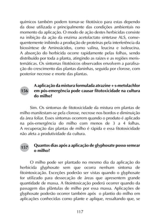 117
químicos também podem tornar-se fitotóxico para estas dependo
da dose utilizada e principalmente das condições ambientais no
momento da aplicação. O modo de ação destes herbicidas consiste
na inibição da ação da enzima acetolactato sintetase ALS, conse-
quentemente inibindo a produção de proteínas pela interferência da
biossíntese de Aminoácidos, como valina, leucina e isoleucina.
A absorção do herbicida ocorre rapidamente pelas folhas, sendo
distribuído por toda a planta, atingindo as raízes e as regiões meris-
temáticas. Os sintomas fitotóxicos observados envolvem a paralisa-
ção do crescimento das plantas daninhas, seguida por clorose, com
posterior necrose e morte das plantas.
Aaplicação da mistura formulada atrazine + s-metolachlor
em pós-emergência pode causar fitotoxicidade na cultura
do milho?
Sim. Os sintomas de fitotoxicidade da mistura em plantas de
milho manifestam-se pela clorose, necrose nos bordos e diminuição
da área foliar. Esses sintomas ocorrem quando o produto é aplicado
na pós-emergência do milho com menos de 3 a 4 folhas.
A recuperação das plantas de milho é rápida e essa fitotoxicidade
não afeta a produtividade da cultura.
Quantos dias após a aplicação de glyphosate posso semear
o milho?
O milho pode ser plantado no mesmo dia da aplicação do
herbicida glyphosate sem que ocorra nenhum sintoma de
fitointoxicação. Exceções poderão ser vistas quando o glyphosate
for utilizado para dessecação de áreas que apresentem grande
quantidade de massa. A fitointoxicação poderá ocorrer quando da
passagem das plântulas de milho por essa massa. Aplicações de
glyphosate poderão ocorrer também após o plantio do milho em
aplicações conhecidas como plante e aplique, ressaltando que, se
156
157
 