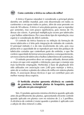 123
Como controlar a tiririca na cultura do milho?
A tiririca (Cyperus rotundus) é considerada a principal planta
daninha em âmbito mundial, pois está disseminada em todos os
continentes e em quase todos os países, além de estar presente em
mais de 50 culturas. A tiririca é uma planta perene, que se reproduz
por sementes, mas com pouco significância, pois menos de 5%
dessas são viáveis. A principal multiplicação ocorre por tubérculos
e por bulbos subterrâneos. Por causa deste tipo de reprodução, essa
espécie é considerada de difícil controle.
O controle da tiririca baseia-se na inibição da formação de
novos tubérculos e é feito pela integração de métodos de controle.
O principal método é o do não revolvimento do solo, pois essa
planta tem a capacidade de se reproduzir por meio dos pedaços de
tubérculos cortados que contenham parte do embrião, o que lhe
conferecapacidadedeformarumanovaplantae,consequentemente,
um novo sistema de tubérculos e bulbos subterrâneos de sustentação.
O método preventivo deve ser sempre utilizado, demarcando
as áreas em que está surgindo a infestação, para que o manejo seja
mais facilmente empregado. Herbicidas à base de glyphosate têm
sido utilizados em associação com 2,4D para manejar a tiririca,
antes de se realizar o plantio da cultura do milho em sistema plantio
direto. A associação dessas técnicas é que vai contribuir para um
melhor manejo dessa espécie.
O herbicida atrazine apresenta eficiência no controle
de gramíneas, incluindo plantas de braquiária, quando
aplicado em pós-emergência?
Sim. O produto apresenta máxima eficiência quando aplicado
antes do perfilhamento das plantas, apresentando eficiente controle
quando aplicado em plantas com no máximo de 2 a 3 perfilhos.
A eficiência de controle é maior quando o produto é aplicado com
a adição de óleo mineral à calda.
167
168
 