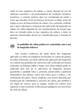 168
ainda na fase vegetativa da cultura, e, numa situação de uso de
cultivares suscetíveis e de predominância de condições climáticas
favoráveis, o controle químico deve ser considerado de modo a
evitar que elevados níveis de doenças alcancem as folhas acima da
espiga na fase de florescimento da cultura. Fica, portanto, evidente
que a época ideal para a realização das aplicações de fungicidas na
cultura do milho depende de um monitoramento da lavoura que
deve ser iniciado ainda na fase vegetativa da cultura, e todos os
aspectos mencionados devem ser considerados para a tomada de
decisão.
As podridões de colmo podem ser controladas com o uso
de fungicidas foliares?
Não existem evidências do efeito direto dos fungicidas
aplicados via folha em patógenos localizados no colmo de plantas
de milho. Entretanto, um efeito indireto das aplicações de fungicidas
no controle das podridões de colmo tem sido verificado em ensaios
realizados na Embrapa Milho e Sorgo. Esse efeito indireto pode ser
explicado pelo fato de as aplicações de fungicidas atuarem
garantindo a sanidade foliar e, portanto, preservando o potencial
fotossintético das plantas, numa fase crítica para a cultura, a do
enchimento dos grãos. Nessa condição, uma menor demanda por
translocação de carboidratos e açúcares do colmo, que também é
um órgão de reserva, para as espigas, resulta em colmos mais
vigorosos e mais resistentes à infecção por patógenos nas fases finais
do ciclo da cultura.
234
 