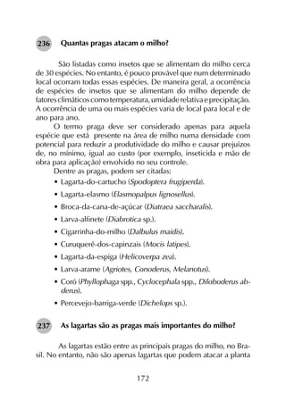 172
Quantas pragas atacam o milho?
	 São listadas como insetos que se alimentam do milho cerca
de 30 espécies. No entanto, é pouco provável que num determinado
local ocorram todas essas espécies. De maneira geral, a ocorrência
de espécies de insetos que se alimentam do milho depende de
fatoresclimáticoscomotemperatura,umidaderelativaeprecipitação.
A ocorrência de uma ou mais espécies varia de local para local e de
ano para ano.
O termo praga deve ser considerado apenas para aquela
espécie que está presente na área de milho numa densidade com
potencial para reduzir a produtividade do milho e causar prejuízos
de, no mínimo, igual ao custo (por exemplo, inseticida e mão de
obra para aplicação) envolvido no seu controle.
Dentre as pragas, podem ser citadas:
•	Lagarta-do-cartucho (Spodoptera frugiperda).
•	Lagarta-elasmo (Elasmopalpus lignosellus).
•	Broca-da-cana-de-açúcar (Diatraea saccharalis).
•	Larva-alfinete (Diabrotica sp.).
•	Cigarrinha-do-milho (Dalbulus maidis).
•	Curuquerê-dos-capinzais (Mocis latipes).
•	Lagarta-da-espiga (Helicoverpa zea).
•	Larva-arame (Agriotes, Conoderus, Melanotus).
•	Coró (Phyllophaga spp., Cyclocephala spp., Diloboderus ab-
derus).
•	Percevejo-barriga-verde (Dichelops sp.).
As lagartas são as pragas mais importantes do milho?
	 As lagartas estão entre as principais pragas do milho, no Bra-
sil. No entanto, não são apenas lagartas que podem atacar a planta
236
237
 