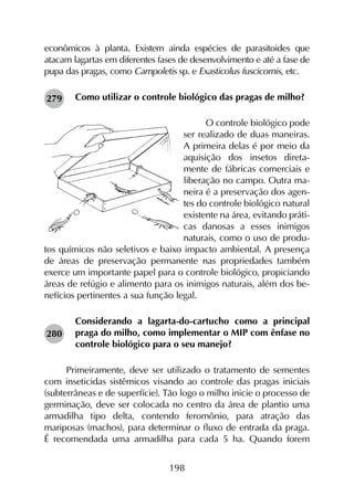 198
econômicos à planta. Existem ainda espécies de parasitoides que
atacam lagartas em diferentes fases de desenvolvimento e até a fase de
pupa das pragas, como Campoletis sp. e Exasticolus fuscicornis, etc.
Como utilizar o controle biológico das pragas de milho?
O controle biológico pode
ser realizado de duas maneiras.
A primeira delas é por meio da
aquisição dos insetos direta-
mente de fábricas comerciais e
liberação no campo. Outra ma-
neira é a preservação dos agen-
tes do controle biológico natural
existente na área, evitando práti-
cas danosas a esses inimigos
naturais, como o uso de produ-
tos químicos não seletivos e baixo impacto ambiental. A presença
de áreas de preservação permanente nas propriedades também
exerce um importante papel para o controle biológico, propiciando
áreas de refúgio e alimento para os inimigos naturais, além dos be-
nefícios pertinentes a sua função legal.
Considerando a lagarta-do-cartucho como a principal
praga do milho, como implementar o MIP com ênfase no
controle biológico para o seu manejo?
Primeiramente, deve ser utilizado o tratamento de sementes
com inseticidas sistêmicos visando ao controle das pragas iniciais
(subterrâneas e de superfície). Tão logo o milho inicie o processo de
germinação, deve ser colocada no centro da área de plantio uma
armadilha tipo delta, contendo feromônio, para atração das
mariposas (machos), para determinar o fluxo de entrada da praga.
É recomendada uma armadilha para cada 5 ha. Quando forem
279
280
 