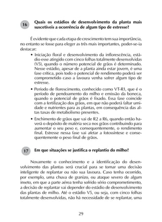 29
Quais os estádios de desenvolvimento da planta mais
suscetíveis a ocorrência de algum tipo de estresse?
É evidente que cada etapa de crescimento tem sua importância,
no entanto se fosse para eleger as três mais importantes, poder-se-ia
destacar:
• Iniciação floral e desenvolvimento da inflorescência, está-
dio esse atingido com cinco folhas totalmente desenvolvidas
(V5), quando o número potencial de grãos é determinado.
Nesse estádio, apesar de a planta ainda estar jovem, é uma
fase crítica, pois todo o potencial de rendimento poderá ser
comprometido caso a lavoura venha sofrer algum tipo de
estresse.
• Período de florescimento, conhecido como VT-R1, que é o
período de pendoamento do milho e emissão da boneca,
quando o potencial de grãos é fixado. Essa fase coincide
com a fertilização dos grãos, em que não poderá faltar umi-
dade e nutrientes para as plantas, em consequência das al-
tas taxas de metabolismo presentes.
•	Enchimento de grãos que vai de R2 a R6, quando então ha-
verá o depósito de matéria seca nos grãos contribuindo para
aumentar o seu peso e, consequentemente, o rendimento
final. Estresse nessa fase vai afetar a fotossíntese e conse-
quentemente o peso final de grãos.
Em que situações se justifica o replantio do milho?
Novamente o conhecimento e a identificação do desen­
volvimento das plantas será crucial para se tomar uma decisão
inteligente de replantar ou não sua lavoura. Caso tenha ocorrido,
por exemplo, uma chuva de granizo, ou ataque severo de algum
inseto, em que a parte aérea tenha sofrido sério comprometimento,
a decisão de replantar vai depender do estádio de desenvolvimento
das plantas de milho. Até o estádio V5, ou seja, com cinco folhas
totalmente desenvolvidas, não há necessidade de se replantar, uma
16
17
 