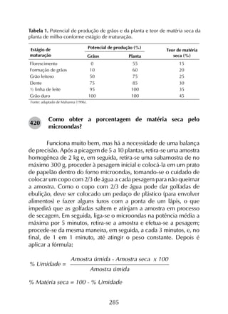 285
Fonte: adaptado de Mahanna (1996).
420
Como obter a porcentagem de matéria seca pelo
microondas?
	 Funciona muito bem, mas há a necessidade de uma balança
de precisão. Após a picagem de 5 a 10 plantas, retira-se uma amostra
homogênea de 2 kg e, em seguida, retira-se uma subamostra de no
máximo 300 g, proceder à pesagem inicial e colocá-la em um prato
de papelão dentro do forno microondas, tomando-se o cuidado de
colocar um copo com 2/3 de água a cada pesagem para não queimar
a amostra. Como o copo com 2/3 de água pode dar golfadas de
ebulição, deve ser colocado um pedaço de plástico (para envolver
alimentos) e fazer alguns furos com a ponta de um lápis, o que
impedirá que as golfadas saltem e atinjam a amostra em processo
de secagem. Em seguida, liga-se o microondas na potência média a
máxima por 5 minutos, retira-se a amostra e efetua-se a pesagem;
procede-se da mesma maneira, em seguida, a cada 3 minutos, e, no
final, de 1 em 1 minuto, até atingir o peso constante. Depois é
aplicar a fórmula:
Amostra úmida - Amostra seca x 100
		 Amostra úmida
% Matéria seca = 100 - % Umidade
Tabela 1. Potencial de produção de grãos e da planta e teor de matéria seca da
planta de milho conforme estágio de maturação.
% Umidade =
 