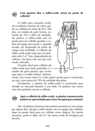 305
Com quantos dias o milho-verde estará no ponto de
colheita?
O milho para consumo verde,
em condições normais de clima, po-
de ser colhido em torno de 90 a 100
dias, no estádio de grão leitoso, va-
riando de 75% a 80% de umidade.
Na prática, o milho-verde está no
ponto para ser colhido quando o ca-
belo da espiga está escuro, e, quando
tocado, ele desprende da ponta da
espiga com facilidade. A colheita do
milho-verde pode variar por um perí-
odo entre 5 e 7 dias, dependendo da
cultivar e da época do ano que está
sendo cultivado.
O ponto ideal para colheita do
milho-verde para fazer pamonha é o
estádio de grão pastoso, que ocorre
logo após o estádio leitoso. Normal-
mente, isso ocorre entre 4 e 5 dias após o ponto para o cozimento,
ou seja, com menos de 70% de umidade dos grãos.
Geralmente, o plantio do milho-verde é escalonado para
atender ao mercado durante o ano todo. Os plantios nos meses
mais frios poderão atrasar a colheita.
Após a colheita do milho-verde, as plantas remanescentes
podem ser aproveitadas para fazer forragem para animais?
Sim. As plantas remanescentes podem permanecer em campo
por alguns dias, até que o milho (junto com as espigas não colhidas)
fique no ponto ideal para ser colhido como silagem. Em muitas
situações, pode-se obter até 25 t de massa verde de forragem por
hectare.
457
458
 