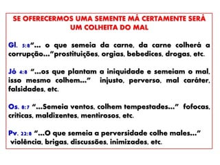 SE OFERECERMOS UMA SEMENTE MÁ CERTAMENTE SERÁ
UM COLHEITA DO MAL
Gl. 5:8“… o que semeia da carne, da carne colherá a
corrupção…”prostituições, orgias, bebedices, drogas, etc.
Jó 4:8 “…os que plantam a iniquidade e semeiam o mal,
isso mesmo colhem…” injusto, perverso, mal caráter,
falsidades, etc.
Os. 8:7 “…Semeia ventos, colhem tempestades…” fofocas,
criticas, maldizentes, mentirosos, etc.
Pv. 22:8 “…O que semeia a perversidade colhe males…”
violência, brigas, discussões, inimizades, etc.
 
