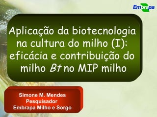 Aplicação da biotecnologia
 na cultura do milho (I):
eficácia e contribuição do
  milho Bt no MIP milho

  Simone M. Mendes
     Pesquisador
 Embrapa Milho e Sorgo
 