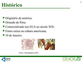 Originário da américa;
Oriundo do Peru;
Comercializado nos EUA no século XIX;
Fortes raízes na cultura americana;
19 de Janeiro;
Fonte: clubedapipoca,2017.
Histórico
3
 
