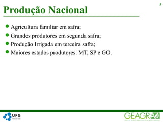 Agricultura familiar em safra;
Grandes produtores em segunda safra;
Produção Irrigada em terceira safra;
Maiores estados produtores: MT, SP e GO.
Produção Nacional
5
 