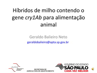Híbridos de milho contendo o
gene cry1Ab para alimentação
animal
Geraldo Balieiro Neto
geraldobalieiro@apta.sp.gov.br
 