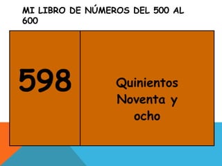 MI LIBRO DE NÚMEROS DEL 500 AL
600
598 Quinientos
Noventa y
ocho
 