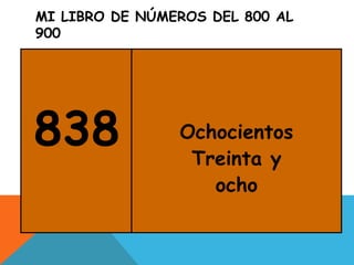 MI LIBRO DE NÚMEROS DEL 800 AL
900
838 Ochocientos
Treinta y
ocho
 