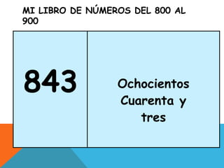 MI LIBRO DE NÚMEROS DEL 800 AL
900
843 Ochocientos
Cuarenta y
tres
 