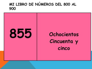 MI LIBRO DE NÚMEROS DEL 800 AL
900
855 Ochocientos
Cincuenta y
cinco
 