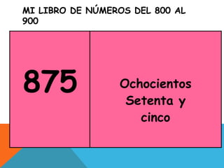 MI LIBRO DE NÚMEROS DEL 800 AL
900
875 Ochocientos
Setenta y
cinco
 