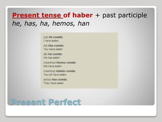 Present Perfect
Present tense of haber + past participle
he, has, ha, hemos, han
 