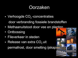 Oorzaken Verhoogde CO 2  -concentraties door verbranding fossiele brandstoffen Methaanuitstoot door vee en planten Ontbossing Fileverkeer in steden  Release van extra CO 2  uit  permafrost, door smelting ijskap 