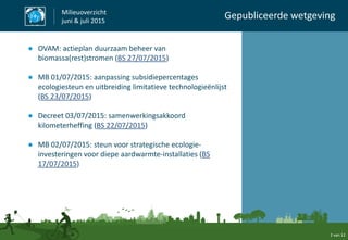 ● OVAM: actieplan duurzaam beheer van
biomassa(rest)stromen (BS 27/07/2015)
● MB 01/07/2015: aanpassing subsidiepercentages
ecologiesteun en uitbreiding limitatieve technologieënlijst
(BS 23/07/2015)
● Decreet 03/07/2015: samenwerkingsakkoord
kilometerheffing (BS 22/07/2015)
● MB 02/07/2015: steun voor strategische ecologie-
investeringen voor diepe aardwarmte-installaties (BS
17/07/2015)
Milieuoverzicht
juni & juli 2015
Gepubliceerde wetgeving
2 van 12
 