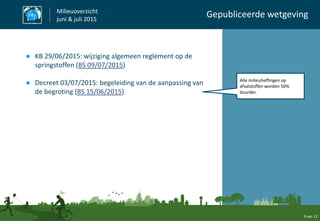 ● KB 29/06/2015: wijziging algemeen reglement op de
springstoffen (BS 09/07/2015)
● Decreet 03/07/2015: begeleiding van de aanpassing van
de begroting (BS 15/06/2015)
Milieuoverzicht
juni & juli 2015
Gepubliceerde wetgeving
3 van 12
Alle milieuheffingen op
afvalstoffen worden 50%
duurder.
 