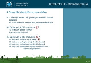 8 van 12
Milieuoverzicht
juni & juli 2015
Uitgelicht: CLP - afstandsregels (5)
4. Gevaarlijke vloeistoffen en vaste stoffen
4.1 Scheid producten die gevaarlijk met elkaar kunnen
reageren
Vb. zuren en basen, zuren en javel, peroxide en sterk zuur
4.2 Opslag van GHS01-producten ?
→ code van goede praktijk
d.w.z. afzonderlijk lokaal
4.3 Opslag van GHS03-producten ?
→ minstens 5 meter t.o.v. GHS02
10 meter per opslagplaats ingedeeld in klasse 2
15 meter per opslagplaats ingedeeld in klasse 1
20 meter per opslagplaats ingedeeld in rubriek 17.2.2
(Seveso-hogedrempel)
 
