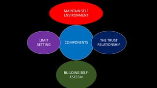 COMPONENTS
MAINTAIN SELF
ENVIRONMENT
THE TRUST
RELATIONSHIP
BUILDING SELF-
ESTEEM
LIMIT
SETTING
 