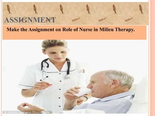 ASSIGNMENT
Make the Assignment on Role of Nurse in Milieu Therapy.
 