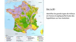 Doc 1 p 90 :
Identifiez les grands types de milieux
en France et expliquez/formulez des
hypothèses sur leur évolution
 