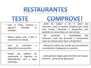  Lave as frutas, verduras e       ...Além de realçar a cor e sabor dos
  legumes     utilizadas  na       alimentos, você as mantém saudáveis por muito
  cardápio...                      mais tempo, reduzindo o desperdício pois
                                   poderão ser consumidas em mais tempo.
                                   ...Por    aumentar     a    durabilidade   dos
 Reduza gastos com a feira e
                                   alimentos, você não precisará ir consecutivas
  economize seu tempo...
                                   vezes às compras para repor o desperdício.
 Lave   os     utensílios     e   ...Remove os odores de comida que permanecem
  dependências da cozinha...       no ambiente e impregnam os usuários.

 Instale nos toilletes do
  restaurante e higienize as       ...Você ganhará elogios pelo cheirinho de limpeza.
  dependências com a água          Perfume... Somente de água pura!
  ozonizada...
 