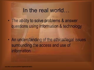 ResearchImprove the ability of students & teachers to conduct effective research by using a process that includes 5 stepsQuestionGather & Evaluate informationConcludeCommunicate information & conclusionEvaluate process & productwww.flickr.com/photos/47643206@N00/185651630 