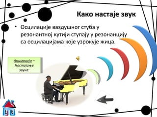 Како настаје звук
• Осцилације ваздушног стуба у
  резонантној кутији ступају у резонанцију
  са осцилацијама које узрокује жица.


Анимација –
Настајање
   звука:
 