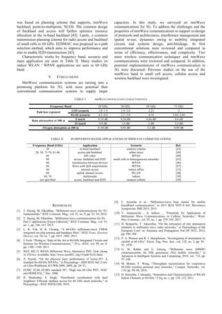 was based on planning scheme that supports, mmWave
backhaul, point-to-multipoint, NLOS. The common design
of backhaul and access will further optimize resource
allocation in the in-band backhaul [45]. Lately, a common
transmission planning scheme for radio access and backhaul
of small cells in 60 GHz. D2DMAC was proposed as a path
selection method, which aims to improve performance and
also to enable D2D transmissions [43].
Characteristic works by frequency band, scenario and
main application are seen in Table II. Many studies on
indoor WLAN / WPAN applications are seen in 60 GHz
band.
V. CONCLUSIONS
MmWave communication systems are turning into a
promising platform for 5G, with more potential than
conventional communication systems to supply larger
capacities. In this study, we surveyed on mmWave
communications for 5G. To address the challenges and the
properties of mmWave communications to support re-design
of protocols and architectures; interference management and
spatial re-use, dynamics owing to mobility integrated
circuits and systems design, anti-blockage. At first
conventional solutions were reviewed and compared in
terms of efficiency, effectiveness, and complexity. Two
main wireless communication techniques and mmWave
communications were reviewed and compared. In addition,
potential implementations of mmWave communication in
5G were discussed. Previous studies on the use of the
mmWave band in small cell access, cellular access and
wireless backhaul were investigated.
TABLE I. MMWAVE PROPAGATION CHARACTERISTICS.
TABLE II. IN DIFFERENT BANDS APPLICATIONS OF MMWAVE COMMUNICATIONS.
REFERENCES
[1] T. Duong, M. Elkashlan, “Millimeter-wave communications for 5G:
fundamentals,” IEEE Commun. Mag., vol. 52, no. 9, pp. 52–54, 2014.
[2] T. Duong, M. Elkashlan, “Millimeter-wave communications for 5G –
Part 2: applications [Guest Editorial],” IEEE Commun. Mag., vol. 53,
no. 1, pp. 166–167, 2015.
[3] L. K. Yeh, H. R. Chuang, “A 60-GHz millimeter-wave CMOS
integrated on-chip antenna and bandpass filter,” IEEE Trans. Electron
Devices, vol. 58, no. 7, pp. 1837–1845, 2011.
[4] J. Esch, “Prolog to ‘State of the Art in 60-GHz Integrated Circuits and
Systems for Wireless Communications,’” Proc. IEEE, vol. 99, no. 8,
pp. 1386–1389, 2011.
[5] IEEE 802.15 WPAN Millimeter Wave Alternative PHY Task Group
3c (TG3c). Available: http://www.ieee802. org/15/pub/TG3c.html.
[6] A. Seyedi, “On the physical layer performance of Ecma-387: A
standard for 60GHz WPANs,” in Proceedings - 2009 IEEE Intl. Conf.
on Ultra-Wideband, ICUWB 2009, 2009, pp. 28–32.
[7] ECMC TC48, ECMA standard 387, “High rate 60 GHz PHY, MAC
and HDMI PAL,” Dec. 2008.
[8] R. Mudumbai, S. Singh, “Distributed coordination with deaf
neighbors: Efficient medium access for 60 GHz mesh networks,” in
Proceedings - IEEE INFOCOM, 2010.
[9] F. Aryanfar et al., “Millimeter-wave base station for mobile
broadband communication,” in 2015 IEEE MTT-S Intl. Microwave
Symposium, IMS 2015, 2015.
[10] V. Atanasovski , A. Ichkov, , “Potentials for Application of
Millimeter Wave Communications in Cellular Networks,” Wirel.
Pers. Commun., vol. 92, no. 1, pp. 279–295, 2017.
[11] D. Skraparlis, V. Sakarellos, “On the estimation of rain attenuation
channels in millimeter wave radio networks,” in Proceedings of 6th
European Conf. on Antennas and Propagation, EuCAP 2012, 2012,
pp. 500–504.
[12] P. A. Watson and R. J. Humpleman, “Investigation of attenuation by
rainfall at 60 GHz,” Electr. Eng. Proc. Inst., vol. 125, no. 2, pp. 85–
91, 1978.
[13] G. M. Rather and U. Farooq, “Millimeter wave (MMW)
communications for fifth generation (5G) mobile networks,” in
Advances in Intelligent Systems and Computing, 2019, vol. 714, pp.
97–106.
[14] M. Motani, Y. Wang, “Throughput maximization for cooperative
60 GHz wireless personal area networks,” Comput. Networks, vol.
110, pp. 58–68, 2016.
[15] D. Harinitha, I. Iskandar, “Simulation and Characterization of WLAN
Indoor Channels at 60 GHz,” Ctrq, no. c, pp. 128–132, 2011.
Frequency Band 28 GHz 38 GHz 60 GHz 73 GHz
Path loss exponent LOS scenario 1.8~1.9 1.9~2.0 2.23 2
NLOS scenario 4.5~4.6 2.7~3.8 4.19 2.45~2.69
Rain attenuation at 200 m 5 mm/h 0.18 dB 0.26 dB 0.44 dB 0.6 dB
25 mm/h 0.9 dB 1.4 dB 2 dB 2.4 dB
Oxygen absorption at 200 m 0 .04 dB 0.03 dB 3.2 dB 0.09 dB
Frequency Band (GHz) Application Scenario Ref.
28 in-band backhaul outdoor cellular [43]
28, 38, 71-76, 81-86 access and backhaul urban street [49]
60 HD video WPAN [40]
60 access, backhaul and D2D small cells in heterogeneous networks [43]
60 transmission between devices WPAN [46]
60 flows with QoS requirements WPAN [47]
60 internet access indoor office [33]
60 uplink channel access WLAN [48]
60, 70 multimedia indoor [39]
not specified access, backhaul and D2D outdoor cellular [50]
 