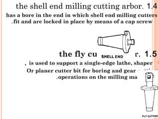 .1 4.the shell end milling cutting arbor
has a bore in the end in which shell end milling cutters
fit and are locked in place by means of a cap screw.
.1 5.the fly cutter arbor
is used to support a single-edge lathe, shaper,
Or planer cutter bit for boring and gear cutting
operations on the milling machine.
 