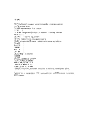 ЛИЦА:

ЈОНЧЕ „Конте“, модерен чевларски калфа, а подоцна мајстор
ЦАРА, негова жена
ЛАМБЕ, негов син на 5—6 години
ИЛЧЕ      |
САНДРЕ  чираци кај Петрета, а подоцна калфи кај Јончета
АНАСТАС |
ДИМЧЕ        чирачи кај Јончета
ПЕТРЕ, старовремски чевларски мајстор
КОЛЕ, пријател од Петрета, старовремски шивачки мајстор
СЛАВЕ       |
ФАНЧЕ       |
ЛЕНЧЕ       |
ЗЛАТА       |
СОТИР       |
СЕЛАНЕЦ  муштерии
ЃОРЃИ |
КОСТА  кожарски трговци
ДАНОЧЕН ЕГЗЕКУТОР
УРЕДСКИ ЕГЗЕКУТОР
ПОЛИЦИСКИ ПИСАР
ЕДНО ДЕТЕ ПОЗИВАР
Чевлари, минувачи, жандари, продавци на весници, тапанџии и други.

Првиот чин се одигрува во 1922 година, вториот во 1930 година, третиот во
1939 година.
 