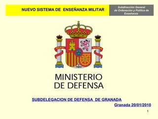 Subdirección General
de Ordenación y Política de
Enseñanza
1
NUEVO SISTEMA DE ENSEÑANZA MILITAR
SUBDELEGACION DE DEFENSA DE GRANADA
Granada 20/01/2010
 
