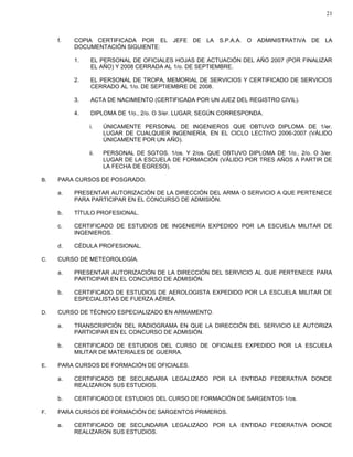 21
f. COPIA CERTIFICADA POR EL JEFE DE LA S.P.A.A. O ADMINISTRATIVA DE LA
DOCUMENTACIÓN SIGUIENTE:
1. EL PERSONAL DE OFICIALES HOJAS DE ACTUACIÓN DEL AÑO 2007 (POR FINALIZAR
EL AÑO) Y 2008 CERRADA AL 1/o. DE SEPTIEMBRE.
2. EL PERSONAL DE TROPA, MEMORIAL DE SERVICIOS Y CERTIFICADO DE SERVICIOS
CERRADO AL 1/o. DE SEPTIEMBRE DE 2008.
3. ACTA DE NACIMIENTO (CERTIFICADA POR UN JUEZ DEL REGISTRO CIVIL).
4. DIPLOMA DE 1/o., 2/o. O 3/er. LUGAR, SEGÚN CORRESPONDA.
i. ÚNICAMENTE PERSONAL DE INGENIEROS QUE OBTUVO DIPLOMA DE 1/er.
LUGAR DE CUALQUIER INGENIERÍA, EN EL CICLO LECTIVO 2006-2007 (VÁLIDO
ÚNICAMENTE POR UN AÑO).
ii. PERSONAL DE SGTOS. 1/os. Y 2/os. QUE OBTUVO DIPLOMA DE 1/o., 2/o. O 3/er.
LUGAR DE LA ESCUELA DE FORMACIÓN (VÁLIDO POR TRES AÑOS A PARTIR DE
LA FECHA DE EGRESO).
B. PARA CURSOS DE POSGRADO.
a. PRESENTAR AUTORIZACIÓN DE LA DIRECCIÓN DEL ARMA O SERVICIO A QUE PERTENECE
PARA PARTICIPAR EN EL CONCURSO DE ADMISIÓN.
b. TÍTULO PROFESIONAL.
c. CERTIFICADO DE ESTUDIOS DE INGENIERÍA EXPEDIDO POR LA ESCUELA MILITAR DE
INGENIEROS.
d. CÉDULA PROFESIONAL.
C. CURSO DE METEOROLOGÍA.
a. PRESENTAR AUTORIZACIÓN DE LA DIRECCIÓN DEL SERVICIO AL QUE PERTENECE PARA
PARTICIPAR EN EL CONCURSO DE ADMISIÓN.
b. CERTIFICADO DE ESTUDIOS DE AEROLOGISTA EXPEDIDO POR LA ESCUELA MILITAR DE
ESPECIALISTAS DE FUERZA AÉREA.
D. CURSO DE TÉCNICO ESPECIALIZADO EN ARMAMENTO.
a. TRANSCRIPCIÓN DEL RADIOGRAMA EN QUE LA DIRECCIÓN DEL SERVICIO LE AUTORIZA
PARTICIPAR EN EL CONCURSO DE ADMISIÓN.
b. CERTIFICADO DE ESTUDIOS DEL CURSO DE OFICIALES EXPEDIDO POR LA ESCUELA
MILITAR DE MATERIALES DE GUERRA.
E. PARA CURSOS DE FORMACIÓN DE OFICIALES.
a. CERTIFICADO DE SECUNDARIA LEGALIZADO POR LA ENTIDAD FEDERATIVA DONDE
REALIZARON SUS ESTUDIOS.
b. CERTIFICADO DE ESTUDIOS DEL CURSO DE FORMACIÓN DE SARGENTOS 1/os.
F. PARA CURSOS DE FORMACIÓN DE SARGENTOS PRIMEROS.
a. CERTIFICADO DE SECUNDARIA LEGALIZADO POR LA ENTIDAD FEDERATIVA DONDE
REALIZARON SUS ESTUDIOS.
 