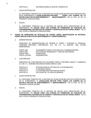 32
CAPÍTULO V SISTEMAS AFINES AL MOTOR. (COMPLETO).
c. LEGISLACIÓN MILITAR.
EL CONTENIDO TEMÁTICO DE LA MATERIA DE LEGISLACIÓN MILITAR ESTA ESPECIFICADO
EN EL SUBPÁRRAFO “I. LEGISLACIÓN MILITAR PARA TODOS LOS CURSOS DE LA
ESCUELA MILITAR DE MANTENIMIENTO Y ABASTECIMIENTO”, EN LA PAG. 34 DE LA
PRESENTE CONVOCATORIA.
d. INGLÉS.
EL CONTENIDO TEMÁTICO DE LA MATERIA DE INGLÉS ESTA ESPECIFICADO EN EL
SUBPÁRRAFO “O. INGLÉS PARA LOS CURSOS DE FORMACIÓN DE OFICIALES DE:
TRANSMISIONES, MATERIALES DE GUERRA Y ESPECIALISTAS DE FUERZA AÉREA”, EN LA
PAG. 45 DE LA PRESENTE CONVOCATORIA.
F. CURSO DE FORMACIÓN DE OFICIALES DE FUERZA AÉREA ABASTECEDOR DE MATERIAL
AÉREO (ESCUELA MILITAR DE MANTENIMIENTO Y ABASTECIMIENTO).
a. ADMINISTRACIÓN.
PRINCIPIOS DE ADMINISTRACIÓN DE GEORGE R. TERRY Y STEPHEN G. FRANKLIN,
COMPAÑÍA EDITORIAL CONTINENTAL, S.A., DE C.V. 1/a. EDICIÓN. 1985, ÚLTIMA
REIMPRESIÓN.
PARTE UNO FUNDAMENTO PARA EL ESTUDIO DE LA ADMINISTRACIÓN.
PARTE DOS SOLUCIÓN DE PROBLEMAS Y TOMA DE DECISIONES.
PARTE TRES PLANEACIÓN.
PARTE CUATRO ORGANIZACIÓN.
b. CONTABILIDAD.
PRINCIPIOS DE CONTABILIDAD DE ALEJANDRO PRIETO, EDITORIAL BANCA Y COMERCIO
S.A. DE C.V., VIGÉSIMA SEGUNDA EDICIÓN, MÉXICO, 2000.
CAPÍTULO 1 INTRODUCCIÓN AL ESTUDIO DE LA CONTABILIDAD.
CAPÍTULO 2 EL BALANCE INICIAL.
CAPÍTULO 3 LA CONTABILIDAD POR PARTIDA DOBLE.
CAPÍTULO 4 LAS CUENTAS Y EL MAYOR GENERAL.
c. LEGISLACIÓN MILITAR.
EL CONTENIDO TEMÁTICO DE LA MATERIA DE LEGISLACIÓN MILITAR ESTA ESPECIFICADO
EN EL SUBPÁRRAFO “I. LEGISLACIÓN MILITAR PARA TODOS LOS CURSOS DE LA
ESCUELA MILITAR DE MANTENIMIENTO Y ABASTECIMIENTO”, EN LA PAG. 34 DE LA
PRESENTE CONVOCATORIA.
d. INGLÉS.
EL CONTENIDO TEMÁTICO DE LA MATERIA DE INGLÉS ESTA ESPECIFICADO EN EL
SUBPÁRRAFO “O. INGLÉS PARA LOS CURSOS DE FORMACIÓN DE OFICIALES DE:
TRANSMISIONES, MATERIALES DE GUERRA Y ESPECIALISTAS DE FUERZA AÉREA”, EN LA
PAG. 45 DE LA PRESENTE CONVOCATORIA.
 