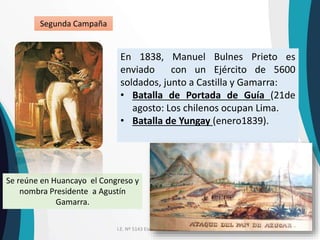 I.E. Nº 5143 Escuela de Talentos - Área :
En 1838, Manuel Bulnes Prieto es
enviado con un Ejército de 5600
soldados, junto a Castilla y Gamarra:
• Batalla de Portada de Guía (21de
agosto: Los chilenos ocupan Lima.
• Batalla de Yungay (enero1839).
Se reúne en Huancayo el Congreso y
nombra Presidente a Agustín
Gamarra.
Segunda Campaña
 